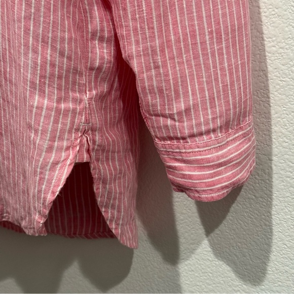 Gap Pink & White Linen Striped Tunic Blouse Size M Collared V Neck - Picture 4 of 7